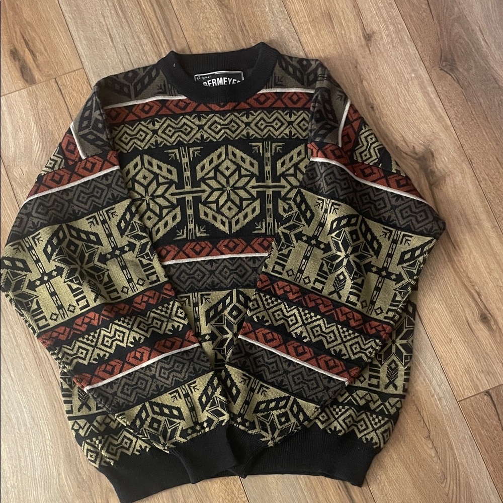 Obermeyer Men's Crewneck Sweater - Black, Gold, Red Geometric Pattern